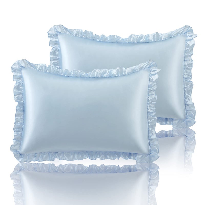 SiinvdaBZX Ruffled Queen Satin Pillowcase Set of 2 Baby Blue Silky Satin Pillow Cases for Women Ruffle Pillow Shams Covers Princess Room Decoration with Envelope Closure