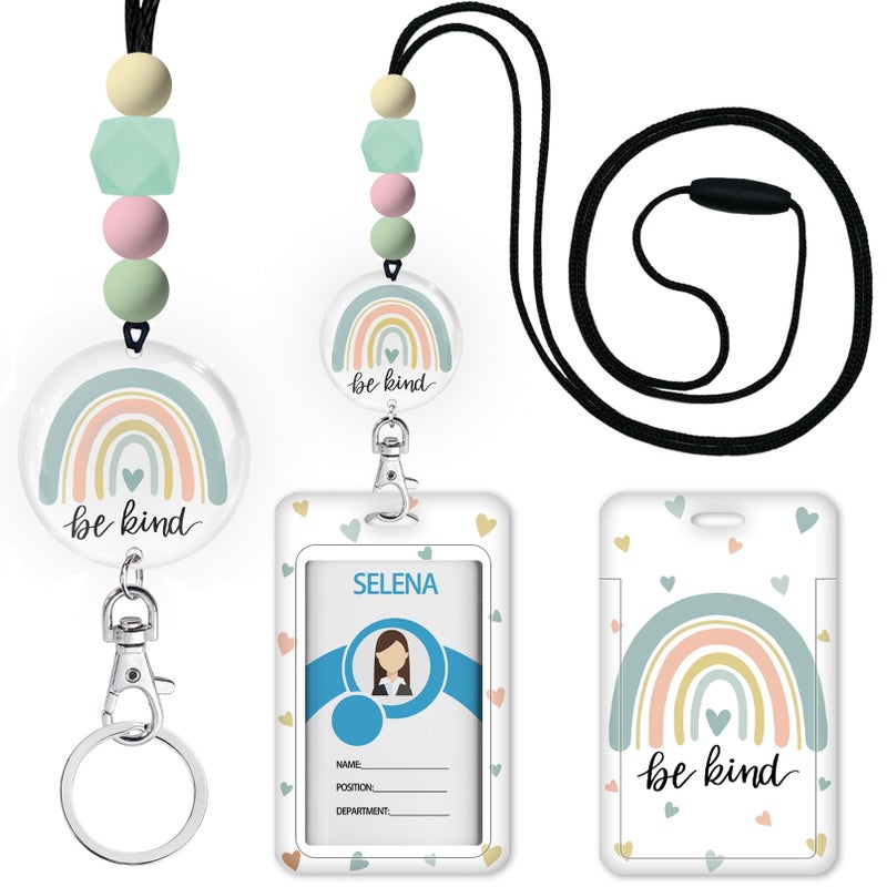 Mcapirivo حبال تعليق بطاقات الهوية والمفاتيح من Mcapirivo Rainbow Be Kind، حامل بطاقة هوية، حبل تعليق قابل للفصل، حبل تعليق سيليكون مزين بالخرز للمعلمات والممرضات، حامل بطاقة هوية، سلسلة مفاتيح بحبل تعليق. - Image 1