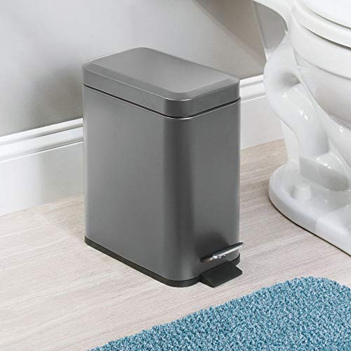 mDesign Small Modern 13 Gallon Rectangle Metal Lidded Step Trash Can Compact Garbage Bin with Removable Liner Bucket and Handle for Bathroom Kitchen Craft Room Office Garage Graphite Gray - Image 3