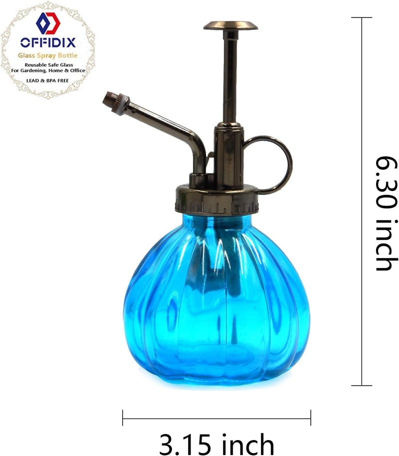 OFFIDIX Glass Watering Spray Bottle, 6.3" Tall Vintage Style with Bronze Plastic Top Pump One Hand Watering Can Spray Bottle (Light Blue) - Image 3