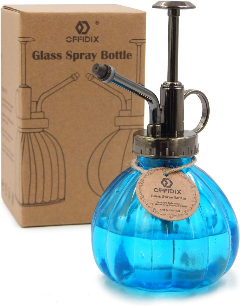 OFFIDIX Glass Watering Spray Bottle, 6.3" Tall Vintage Style with Bronze Plastic Top Pump One Hand Watering Can Spray Bottle (Light Blue) - Image 1