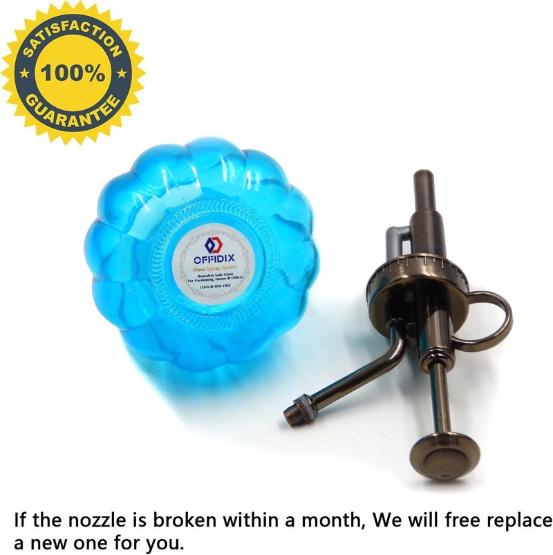 OFFIDIX Glass Watering Spray Bottle, 6.3" Tall Vintage Style with Bronze Plastic Top Pump One Hand Watering Can Spray Bottle (Light Blue) - Image 2