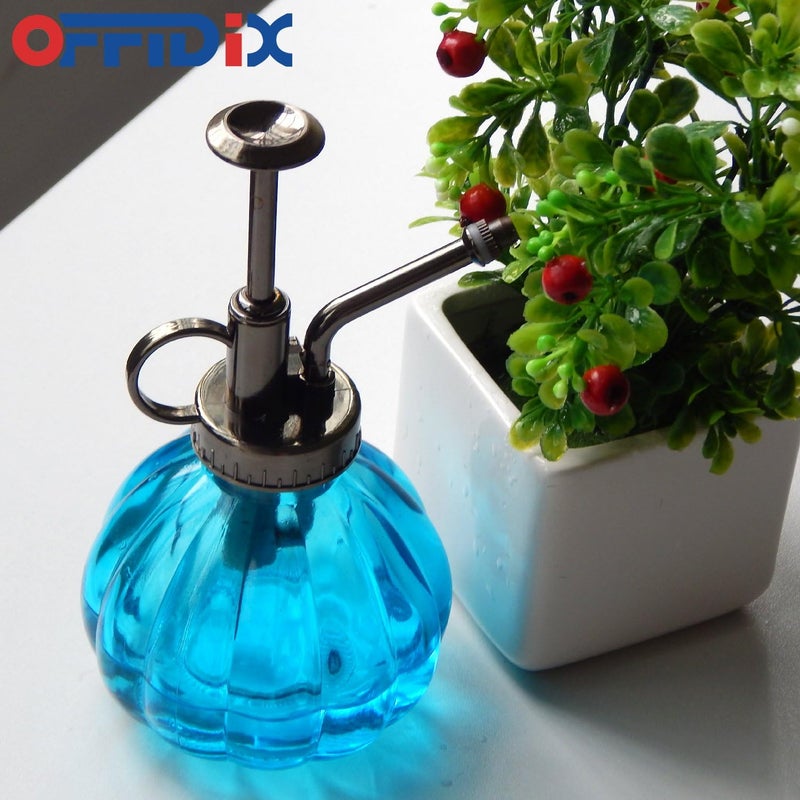 OFFIDIX Glass Watering Spray Bottle, 6.3" Tall Vintage Style with Bronze Plastic Top Pump One Hand Watering Can Spray Bottle (Light Blue) - Image 5