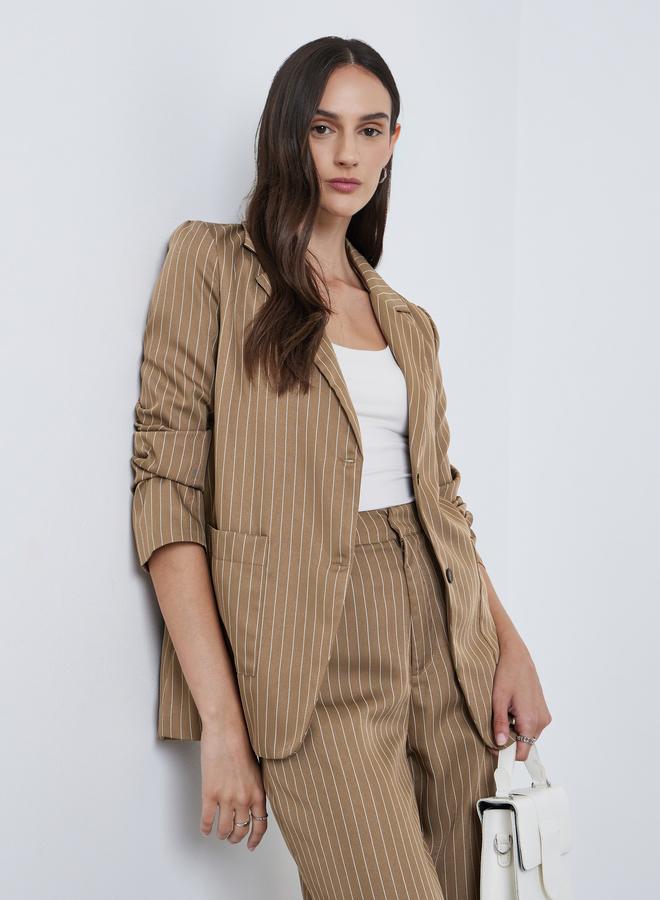 Styli Tan Pinstripe Regular Fit Blazer - Image 1