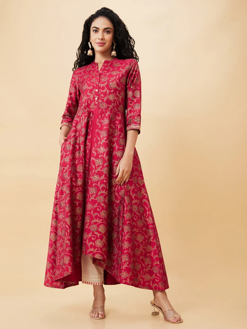 globus Globus Women Red Floral Printed Mandarin Collar A-Line Festive Kurta