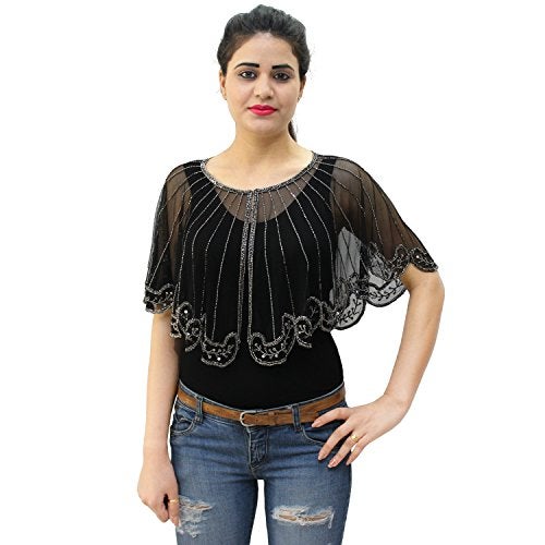 Matelco Women's net Embellished Poncho Black - Image 1