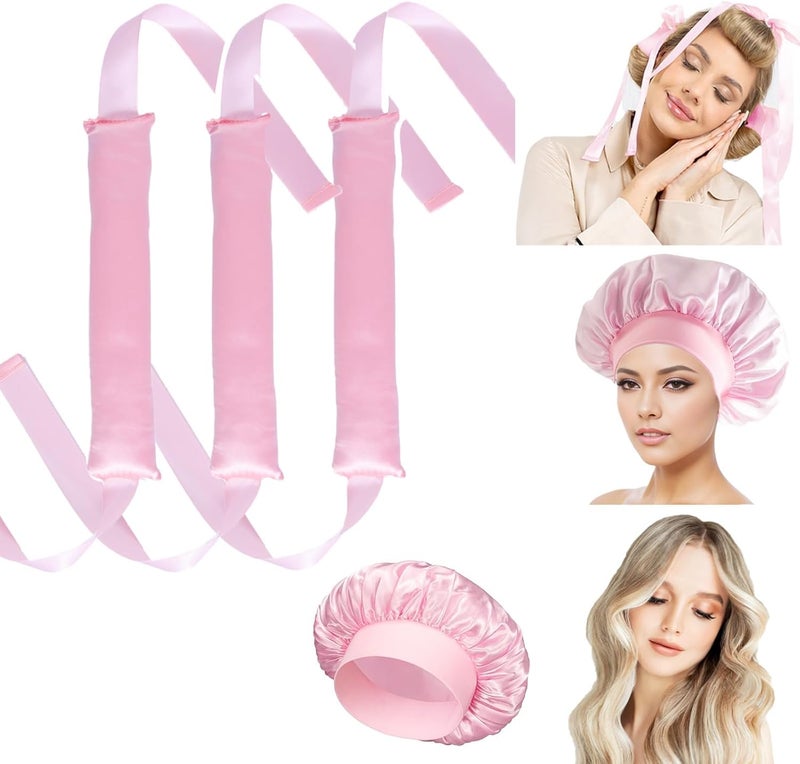 Zikra 3 PCS Heatless Curlers, 1 PCS Sleeping Bonnet Set,Overnight Blowout Rods for Long Hair,Satin Hair Curlers No Heat Heatless Curling Rod with Ribbon Design for Women Teenage Girls - Image 1