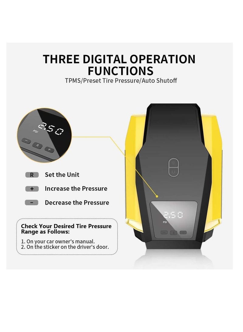 Excefore Tire Inflator Portable Air Compressor Air Pump for Car Tires up to 50 PSI 12V DC Tire Pump for Bikes up to 150 PSI w LED Light Digital Pressure Gauge Model ATJ-1166 Yellow VL701  - Image 5
