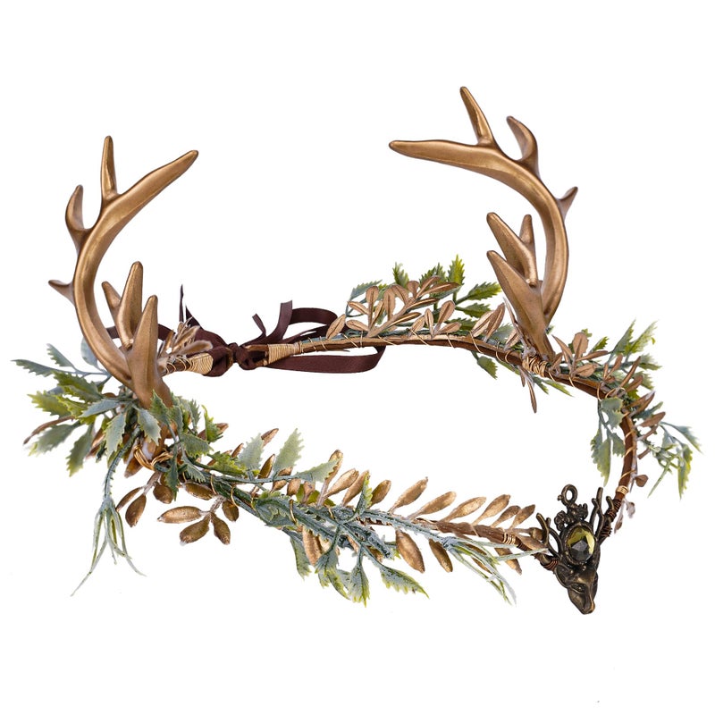 MOSTORY Woodland Gold Antler Crown  Forest Elf Headpiece Fairy Floral Circlet for Women Renaissance Fair Halloween Renfaire Cosplay Photo Shoot
