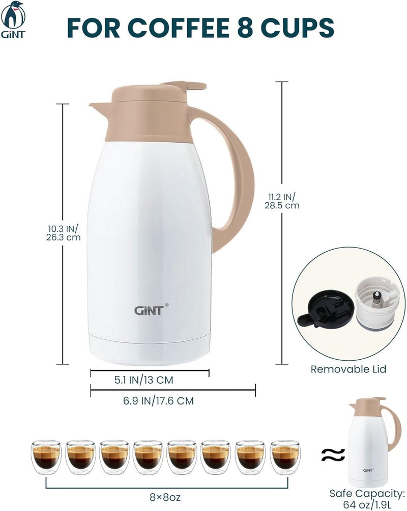 GiNT Stainless Steel Thermal Coffee Carafe, Double Walled Vacuum Thermal Carafe, Water and Beverage Dispenser,12 Hour Heat Retention，65 OZ /1.9 Liter White - Image 4