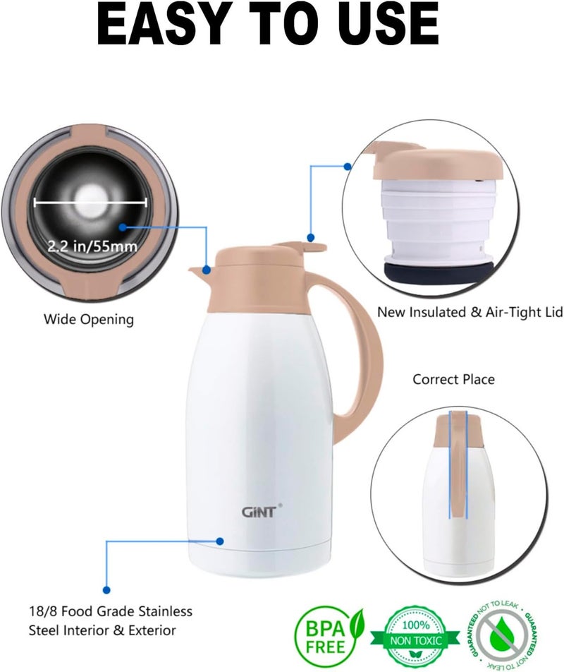 GiNT Stainless Steel Thermal Coffee Carafe, Double Walled Vacuum Thermal Carafe, Water and Beverage Dispenser,12 Hour Heat Retention，65 OZ /1.9 Liter White - Image 2
