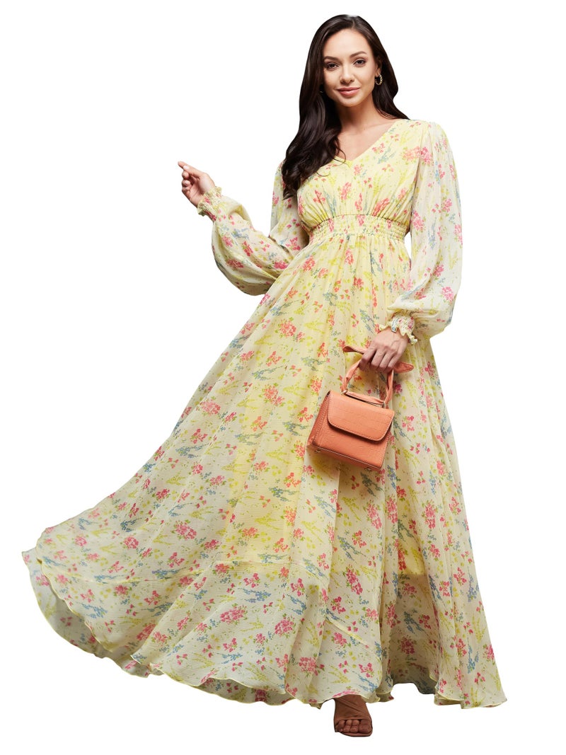 Miss Chase Women's V-Neck Bishop Sleeve Floral Gathered Pocketed Maxi Dress (Plus Size) (MCSS23D06-65-278-09, Multicolored-Base-Lime Yellow, 4XL) - Image 1