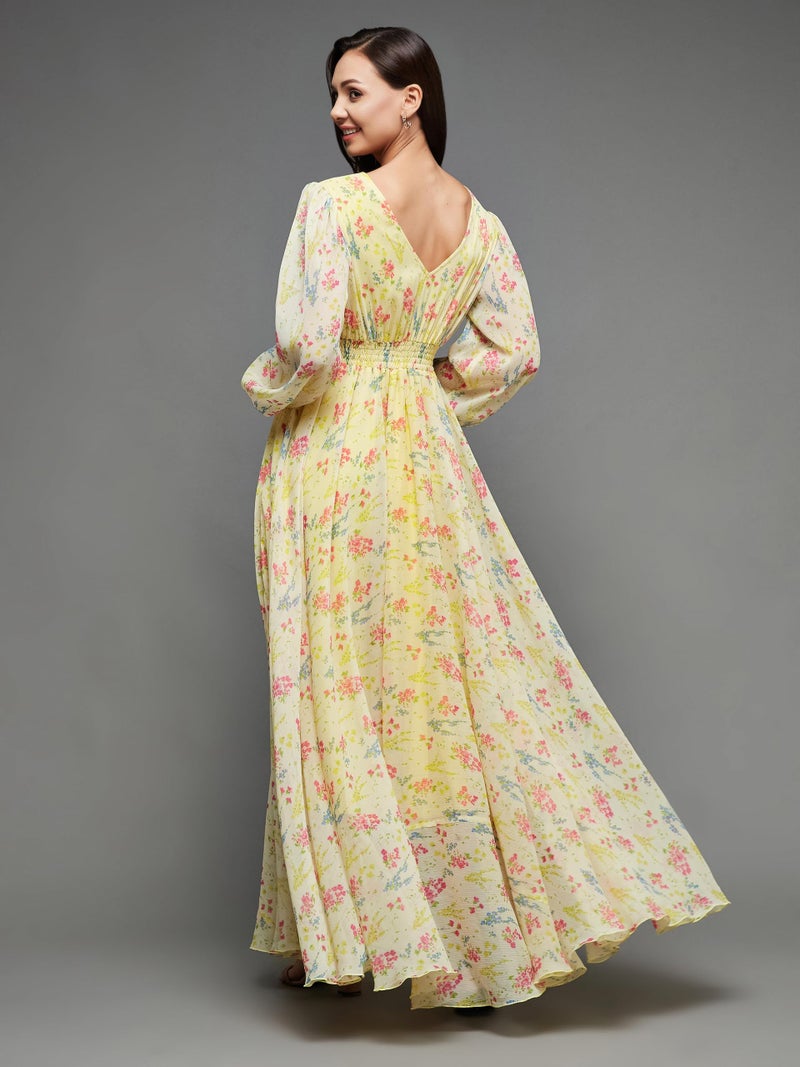 Miss Chase Women's V-Neck Bishop Sleeve Floral Gathered Pocketed Maxi Dress (Plus Size) (MCSS23D06-65-278-09, Multicolored-Base-Lime Yellow, 4XL) - Image 4
