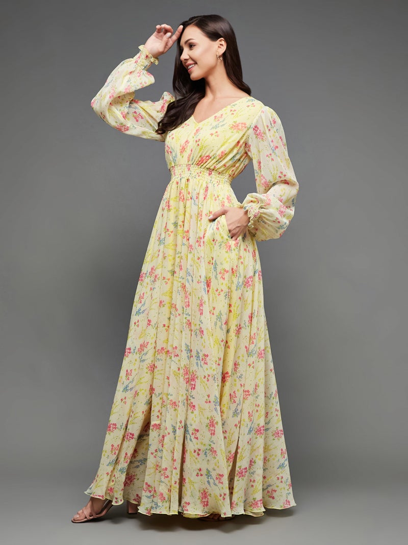 Miss Chase Women's V-Neck Bishop Sleeve Floral Gathered Pocketed Maxi Dress (Plus Size) (MCSS23D06-65-278-09, Multicolored-Base-Lime Yellow, 4XL) - Image 3