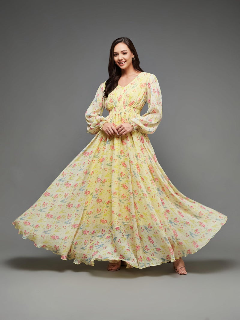 Miss Chase Women's V-Neck Bishop Sleeve Floral Gathered Pocketed Maxi Dress (Plus Size) (MCSS23D06-65-278-09, Multicolored-Base-Lime Yellow, 4XL) - Image 2