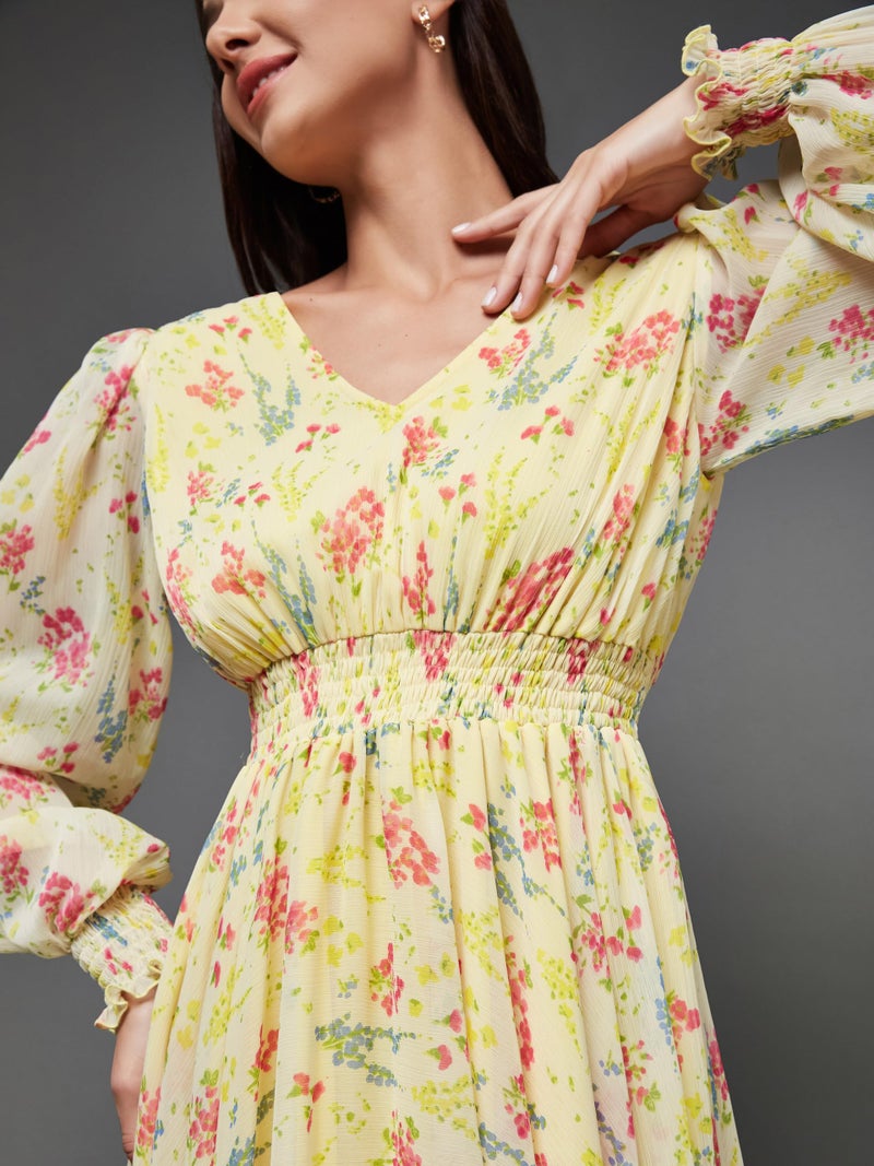 Miss Chase Women's V-Neck Bishop Sleeve Floral Gathered Pocketed Maxi Dress (Plus Size) (MCSS23D06-65-278-09, Multicolored-Base-Lime Yellow, 4XL) - Image 5