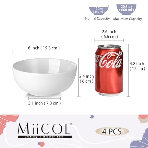 Miicol White Cereal Bowls 20 oz, Ceramic Soup Bowls Set of 4, Breakfast Bowl 6 inch, Kitchen Bowl for Pasta, Salad, Ramen, Oatmeal, Microwave and Dishwasher Safe - Image 3