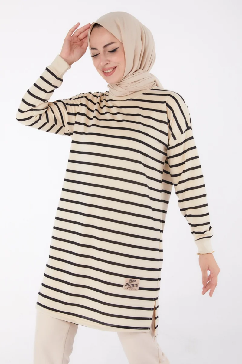 Tofisa Plain Crew Neck Women's Black Striped Tunic - 26458