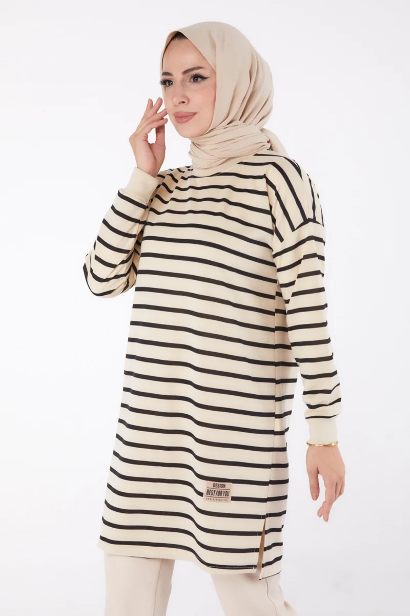 Tofisa Plain Crew Neck Women's Black Striped Tunic - 26458