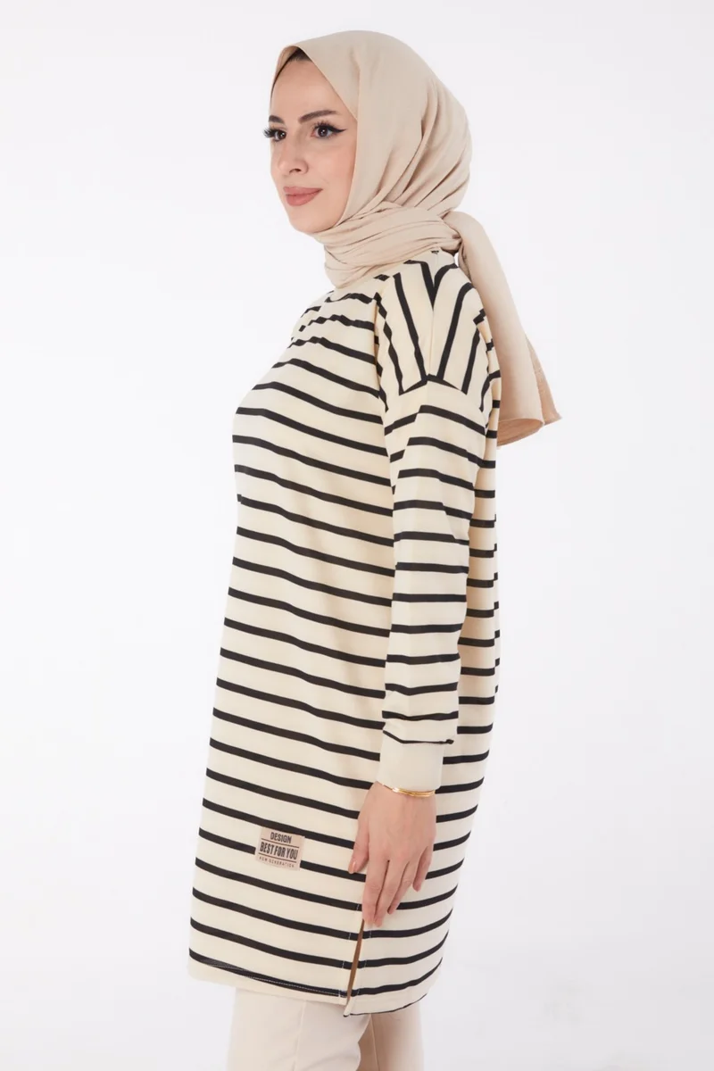 Tofisa Plain Crew Neck Women's Black Striped Tunic - 26458