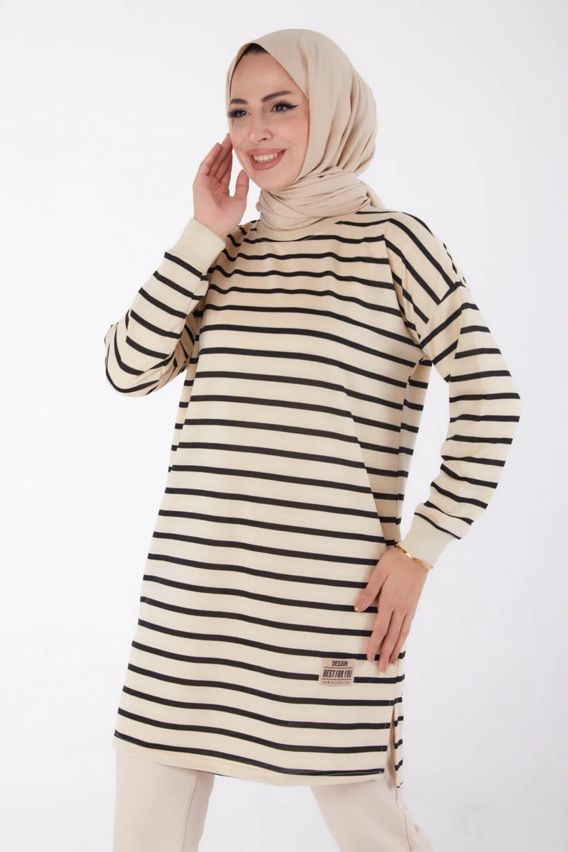 Tofisa Plain Crew Neck Women's Black Striped Tunic - 26458
