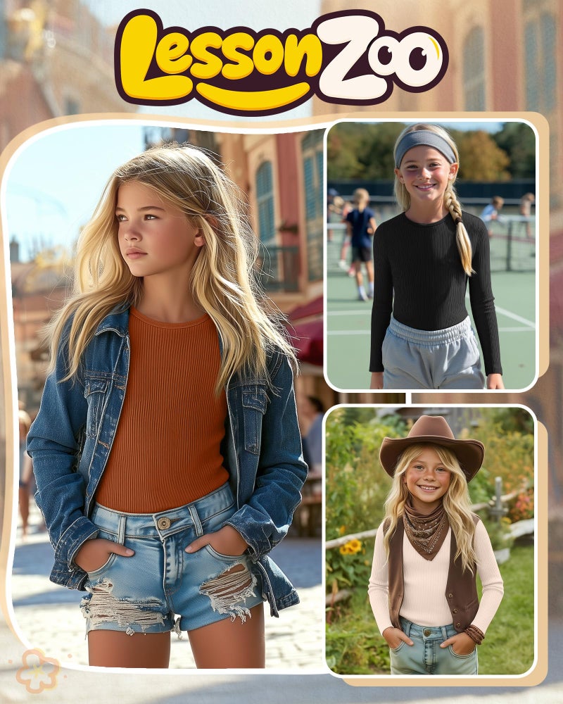 LessonZoo 3 Pack Girls Long Sleeve Shirts Ribbed Knit Cotton Layering Tops Slim Fit Crewneck Casual Undershirts(Black, Cream, Pumpkin,11-12 Years) - Image 2