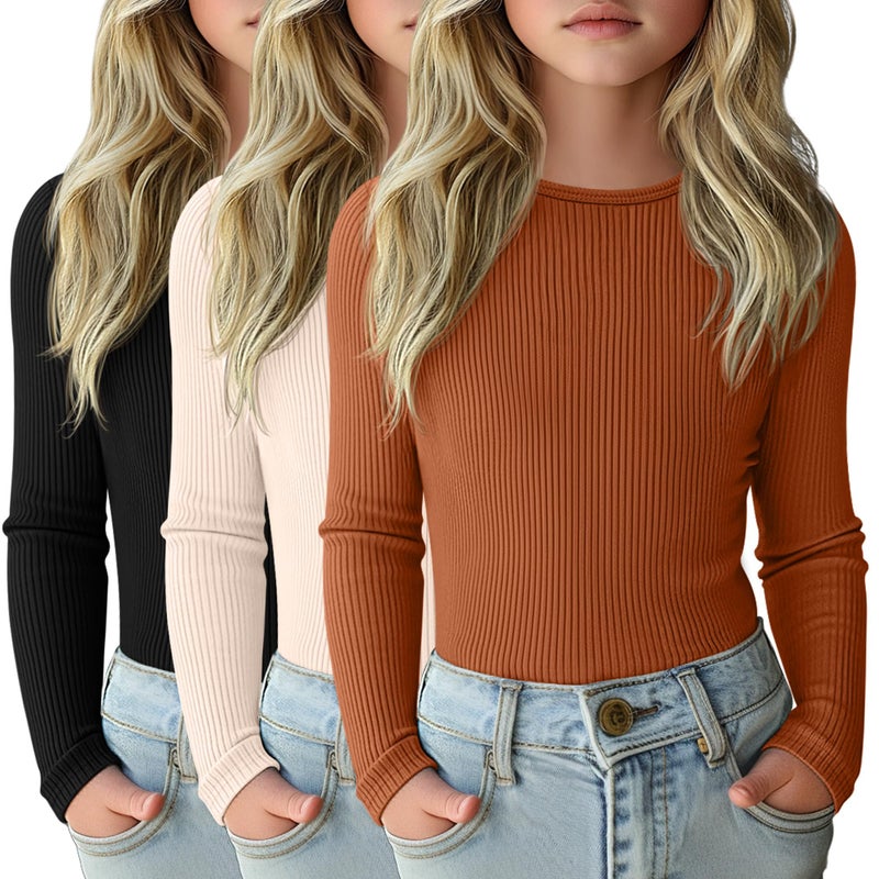 LessonZoo 3 Pack Girls Long Sleeve Shirts Ribbed Knit Cotton Layering Tops Slim Fit Crewneck Casual Undershirts(Black, Cream, Pumpkin,11-12 Years) - Image 1