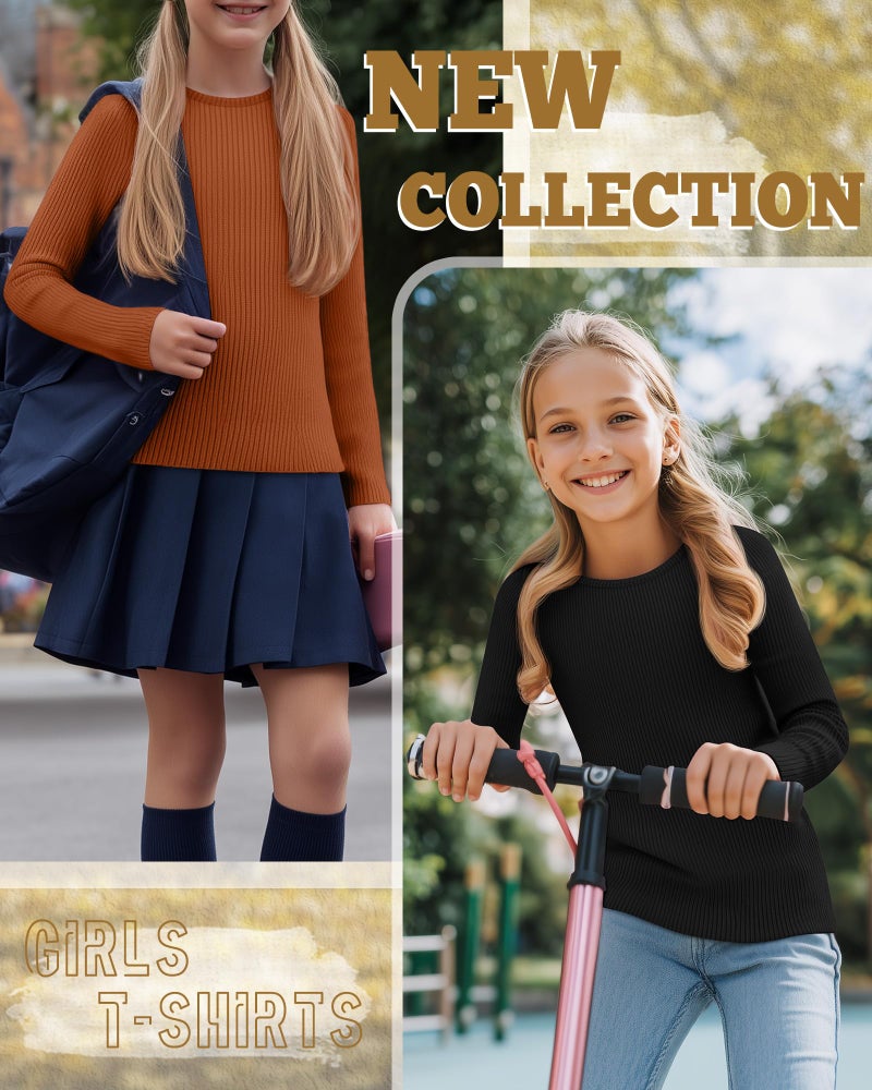 LessonZoo 3 Pack Girls Long Sleeve Shirts Ribbed Knit Cotton Layering Tops Slim Fit Crewneck Casual Undershirts(Black, Cream, Pumpkin,11-12 Years) - Image 3
