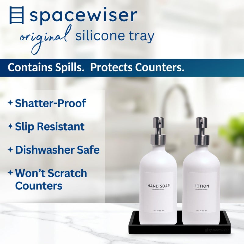 Spacewiser Countertop and Vanity Tray â€“ Small 7.7â€ Silicone Tray, Soap Dispenser Trays, Bathroom Trays, Kitchen Soap Holder Sink Organizer Counter Caddy for Soaps Bottle Keys, Sponge Holder Dish Black - Image 2