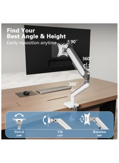 ETHU ETHU Single Monitor Arm for 17-49" Screens heavy duty UP to 16KGs/35lbs Single Monitor Stand Fully Adjustable C-Clamp & Grommet 2-Way Assembling VESA Mount 75mm 100mm Silver-White  - Image 5