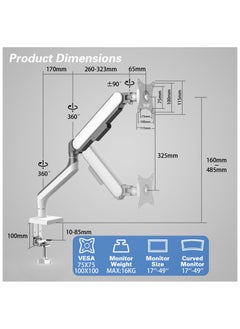 ETHU ETHU Single Monitor Arm for 17-49" Screens heavy duty UP to 16KGs/35lbs Single Monitor Stand Fully Adjustable C-Clamp & Grommet 2-Way Assembling VESA Mount 75mm 100mm Silver-White  - Image 2