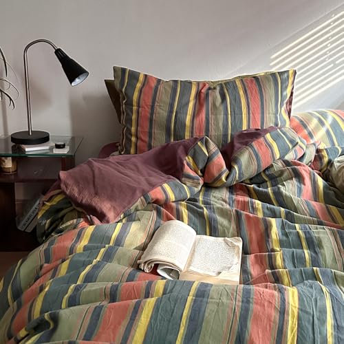 mixinni Vintage Striped Duvet Cover Set Queen Size 3 Piece 100 Washed Cotton Bedding Set Soft Breathable Colorful Striped Pattern Printed Comforter Cover for All Seasons - Image 3