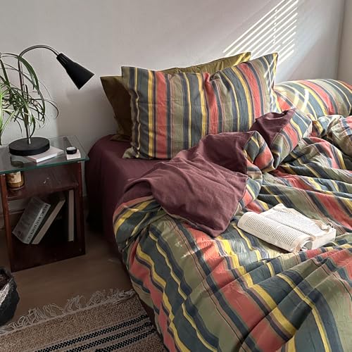 mixinni Vintage Striped Duvet Cover Set Queen Size 3 Piece 100 Washed Cotton Bedding Set Soft Breathable Colorful Striped Pattern Printed Comforter Cover for All Seasons - Image 1