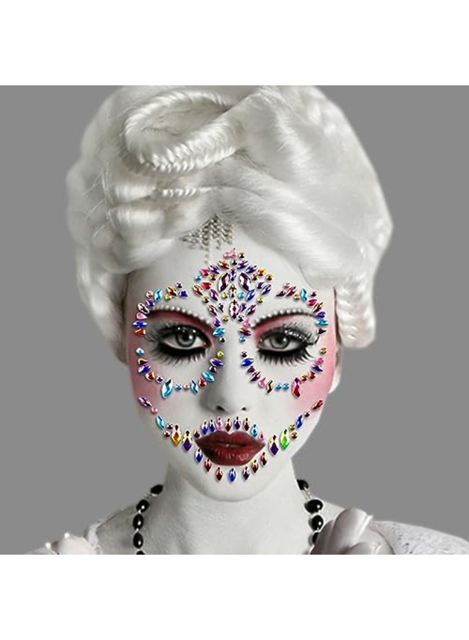 Doneace Halloween Face Temporary Tattoos For Women And Men Sugar Skull Face Jewels Gems Tattoos Stickers Face Rhinestones For Makeup Festival Accessories Multicolor - Image 1