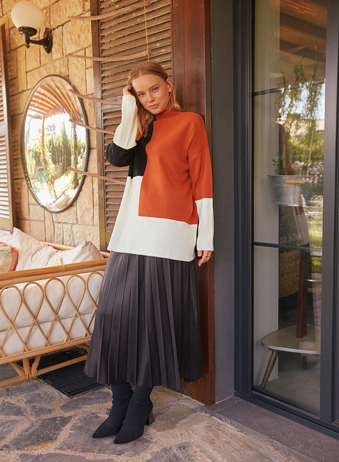 trendyol Brown Color Block High Neck Knitwear Sweater TCTAW22AK0054 - Image 1