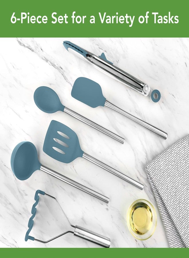 Tovolo Silicone Cooking Utensil Set of 6 Blue Slate Ladle Slotted Turner Tongs Flex Core Spatula Scraper Mixing Spoon and Potato Masher, Dishwasher Safe BPA Free Silicone Kitchen Utensils - Image 2