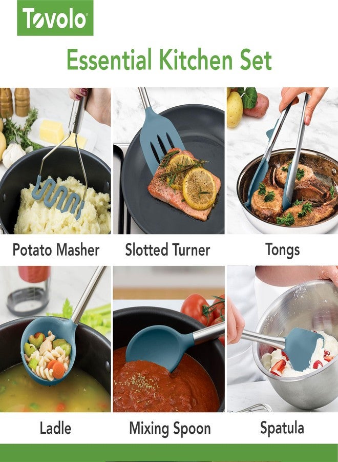 Tovolo Silicone Cooking Utensil Set of 6 Blue Slate Ladle Slotted Turner Tongs Flex Core Spatula Scraper Mixing Spoon and Potato Masher, Dishwasher Safe BPA Free Silicone Kitchen Utensils - Image 5