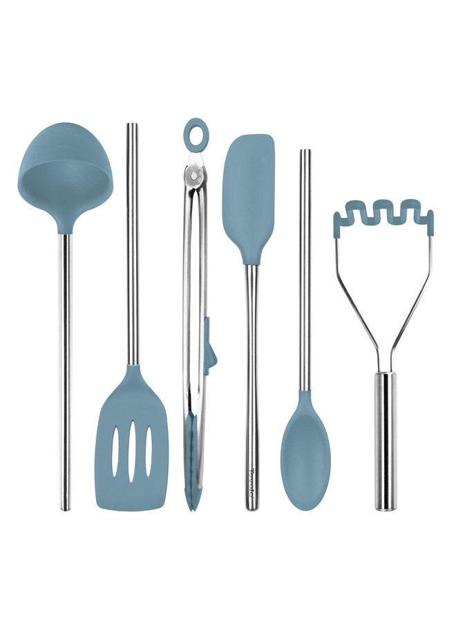 Tovolo Silicone Cooking Utensil Set of 6 Blue Slate Ladle Slotted Turner Tongs Flex Core Spatula Scraper Mixing Spoon and Potato Masher, Dishwasher Safe BPA Free Silicone Kitchen Utensils - Image 1