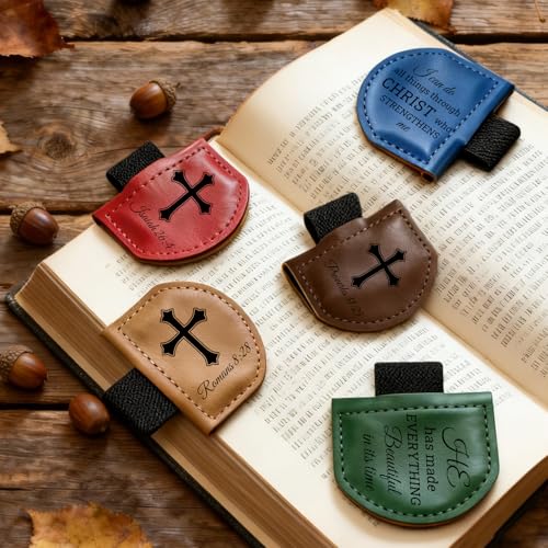JUBOPE Bygone Mark Personalized Magnetic Leather Bookmark with Pen Holder - Inspirational Bible Verse Scripture Design, Custom Book Marker for Book Lovers Men Women (Brown-Joshua 1:9) - Image 3