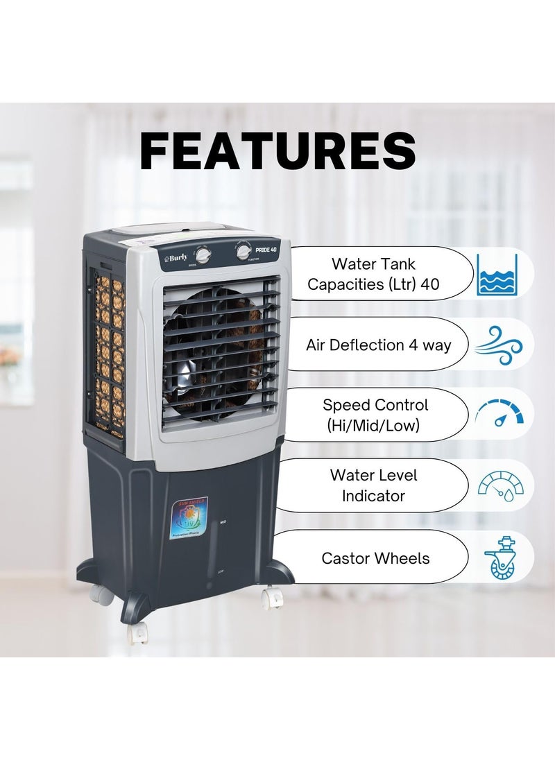 Bhaburly Burly Pride 40 Ltr Personal Portable Cooler With Anti Bacterial Honeycomb Auto Refill Powerfull Motor With Auto Swing And 3 Speed Control And Low Power Consumption Castor Wheel Grey