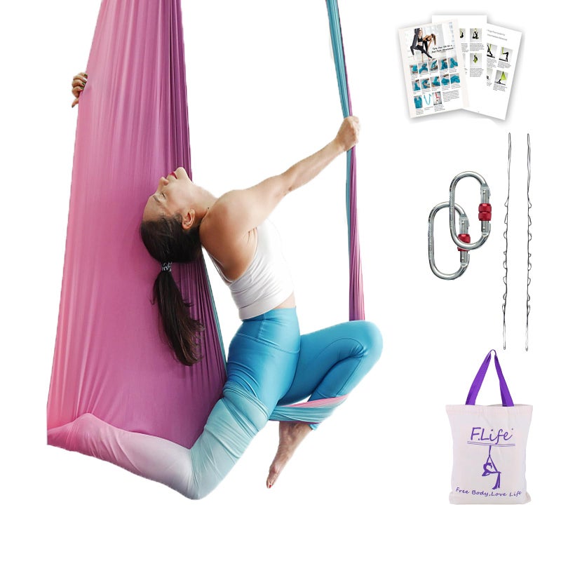 FLife Aerial Yoga Hammock 65 yards Premium Aerial Silk Fabric Yoga Swing for Antigravity Inversion Include Daisy ChainCarabiner and Pose Guide Fairy Floss Omber