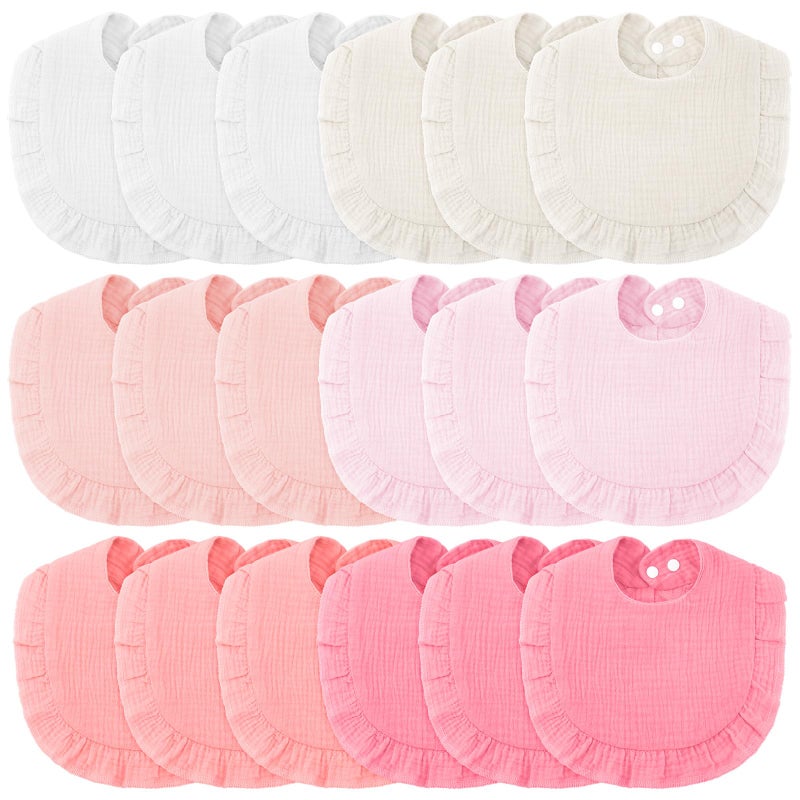 Kenning 18 Pcs Muslin Drool Baby Bibs Ruffle Absorbent Bib with Snap Button Boy Girl for Drooling Teething Infant Newborn(Warm Pink,Solid Color) - Image 1