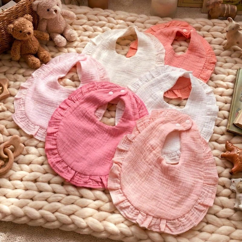 Kenning 18 Pcs Muslin Drool Baby Bibs Ruffle Absorbent Bib with Snap Button Boy Girl for Drooling Teething Infant Newborn(Warm Pink,Solid Color) - Image 5