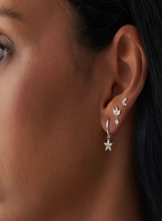 Krfy 3 Pairs Dainty Silver Earrings for Women - Flower Cartilage Earring 14K Gold Plated Sterling Silver Post Hypoallergenic Earring Sets for Multiple Piercing Cartilage Earrings for Women - Image 4