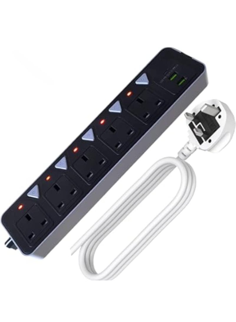 توصيلة كهرباء 5 مخارج مع 2 منفذ USB وطول 10 متر – مفاتيح تحكم فردية وحماية أطفال وتحمل حتى 2500 واط  - Image 2