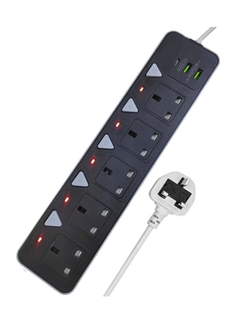 توصيلة كهرباء 5 مخارج مع 2 منفذ USB وطول 10 متر – مفاتيح تحكم فردية وحماية أطفال وتحمل حتى 2500 واط  - Image 1