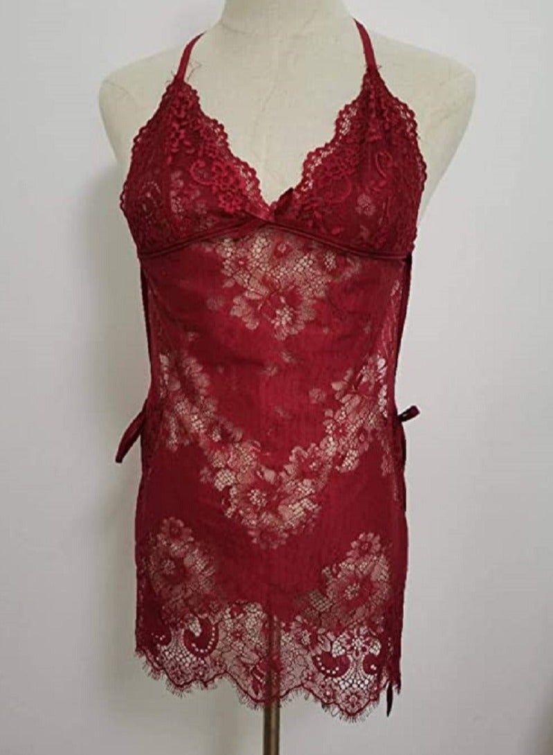 Women Backless Lace Detail Nightdress Wine Red.  - Image 1