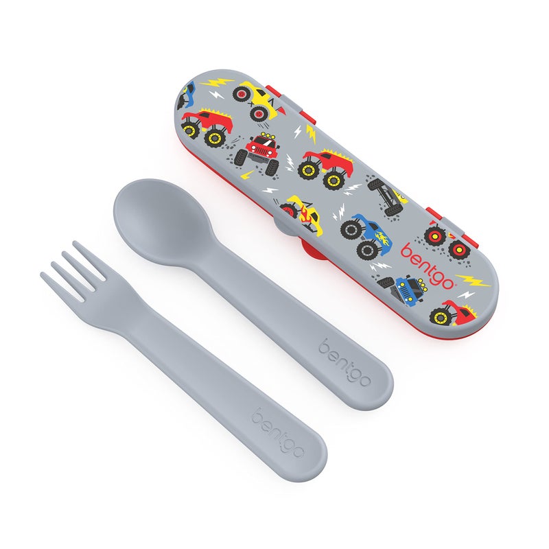 Bentgo Kids Utensil Set - Reusable Plastic Fork, Spoon & Storage Case - BPA-Free Materials, Easy-Grip Handles, Dishwasher Safe - Ideal for School Lunch, Travel, & Outdoors (Trucks) - Image 1