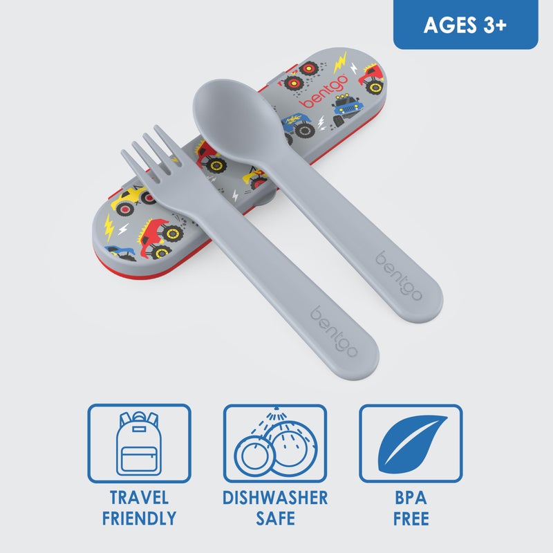 Bentgo Kids Utensil Set - Reusable Plastic Fork, Spoon & Storage Case - BPA-Free Materials, Easy-Grip Handles, Dishwasher Safe - Ideal for School Lunch, Travel, & Outdoors (Trucks) - Image 3