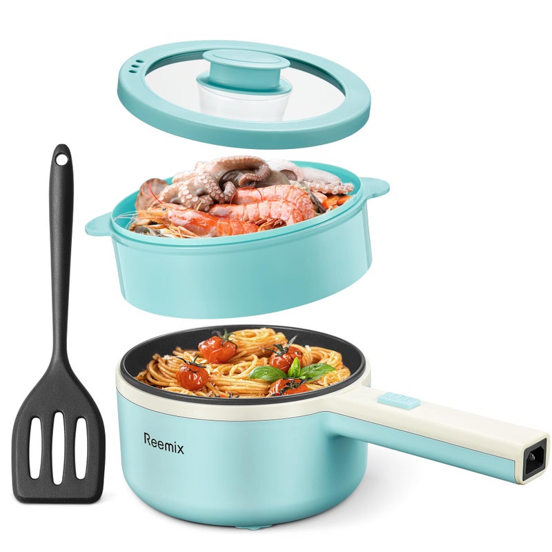 Hot Pot Electric With Steamer 16L Ramen Cooker NonStick Saut Pan for Steak Egg Fried Rice Ramen Oatmeal Soup Portable Personal Perfect Suit Dorm Room and Apartment Aqua